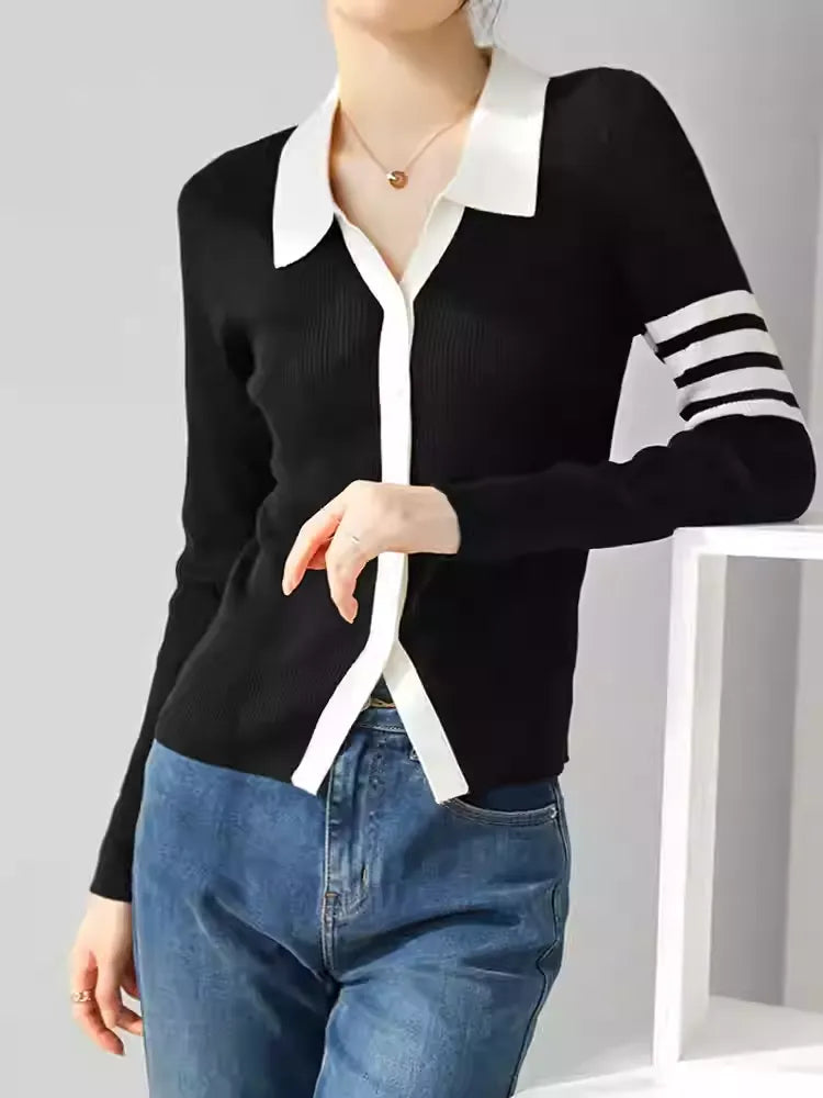 Women's Lapel V Neck Striped Cardigan Knit Blouse