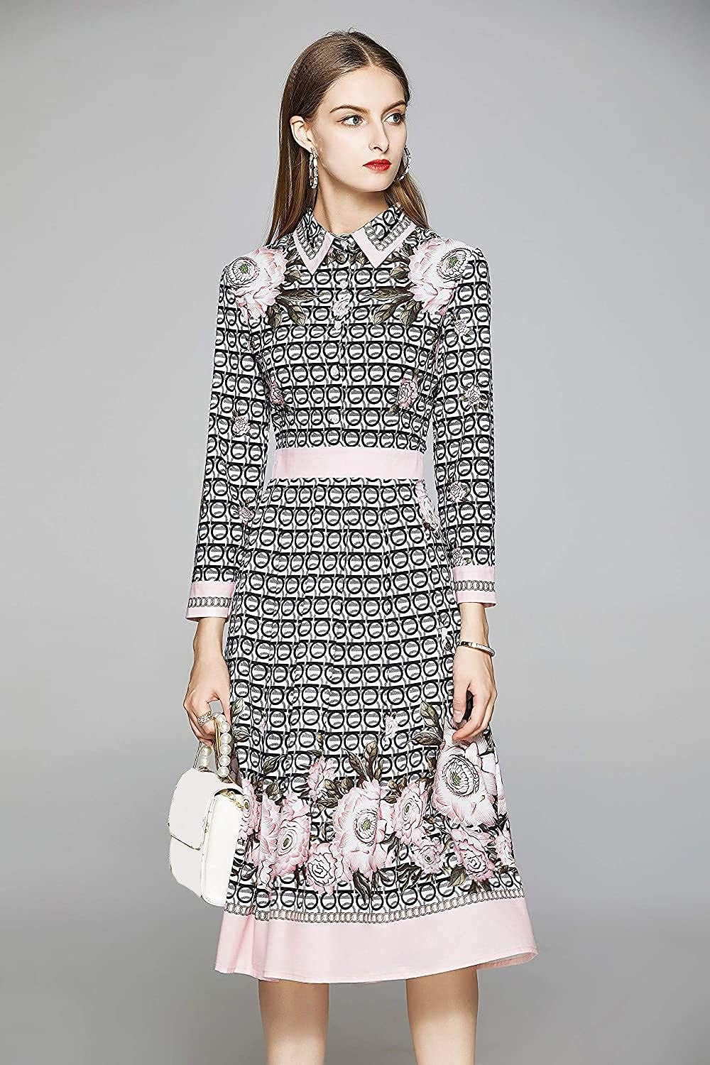 SSY-Women's 3/4 Sleeve Floral Print Button up Midi Dress