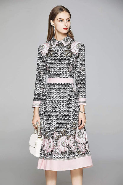SSY-Women's 3/4 Sleeve Floral Print Button up Midi Dress