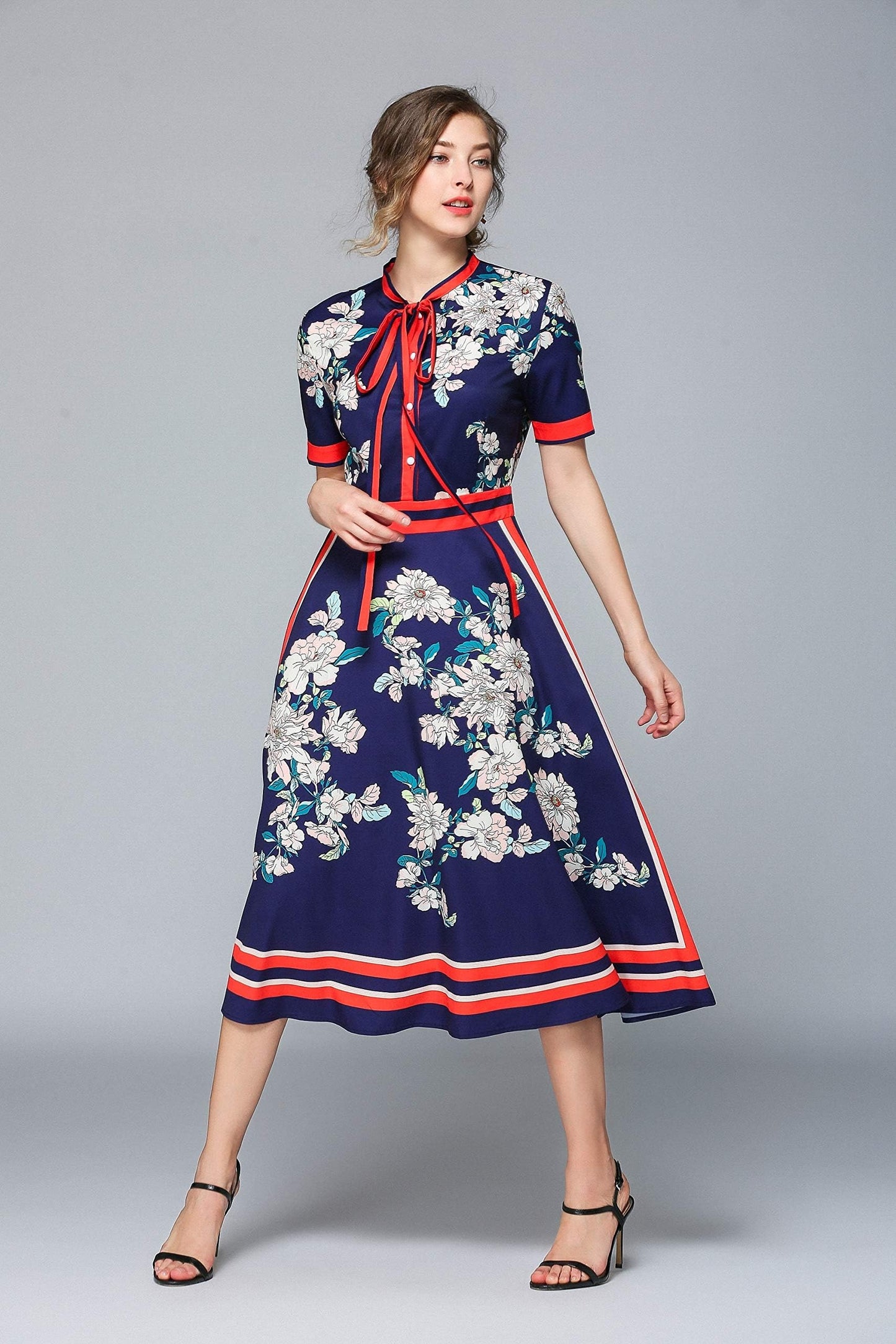 SSY-Women's Short Sleeve Floral Print Button Midi Dress