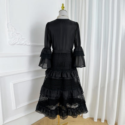 Bell Sleeves  Buttons Ruffle Layered Hem Hollow Princess Dress with Belt - LAI MENG FIVE CATS