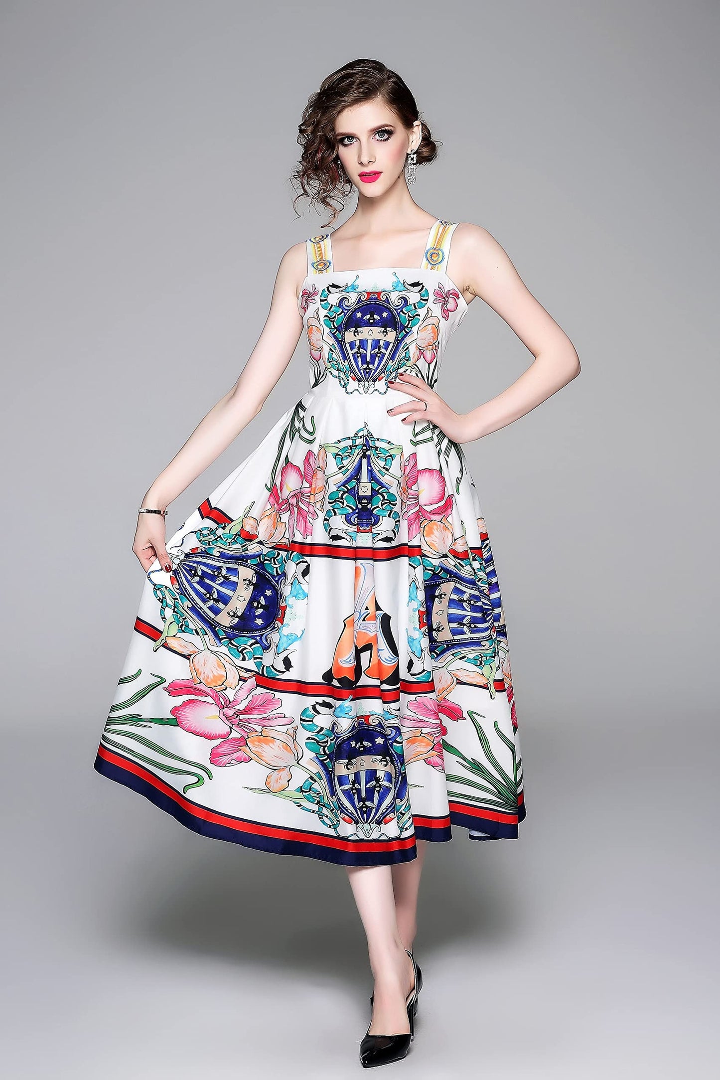 SSY-Womens Floral Print Spaghetti Strap Square Neck Dress