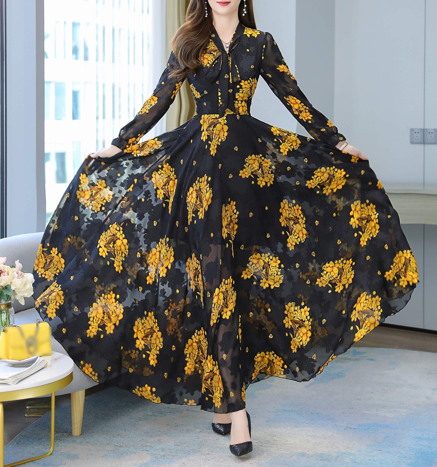 SSY-Women's Chiffon Tie V-Neck Allover Floral Maxi Dress