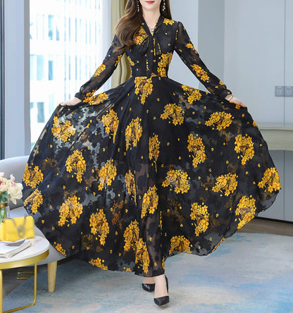 SSY-Women's Chiffon Tie V-Neck Allover Floral Maxi Dress