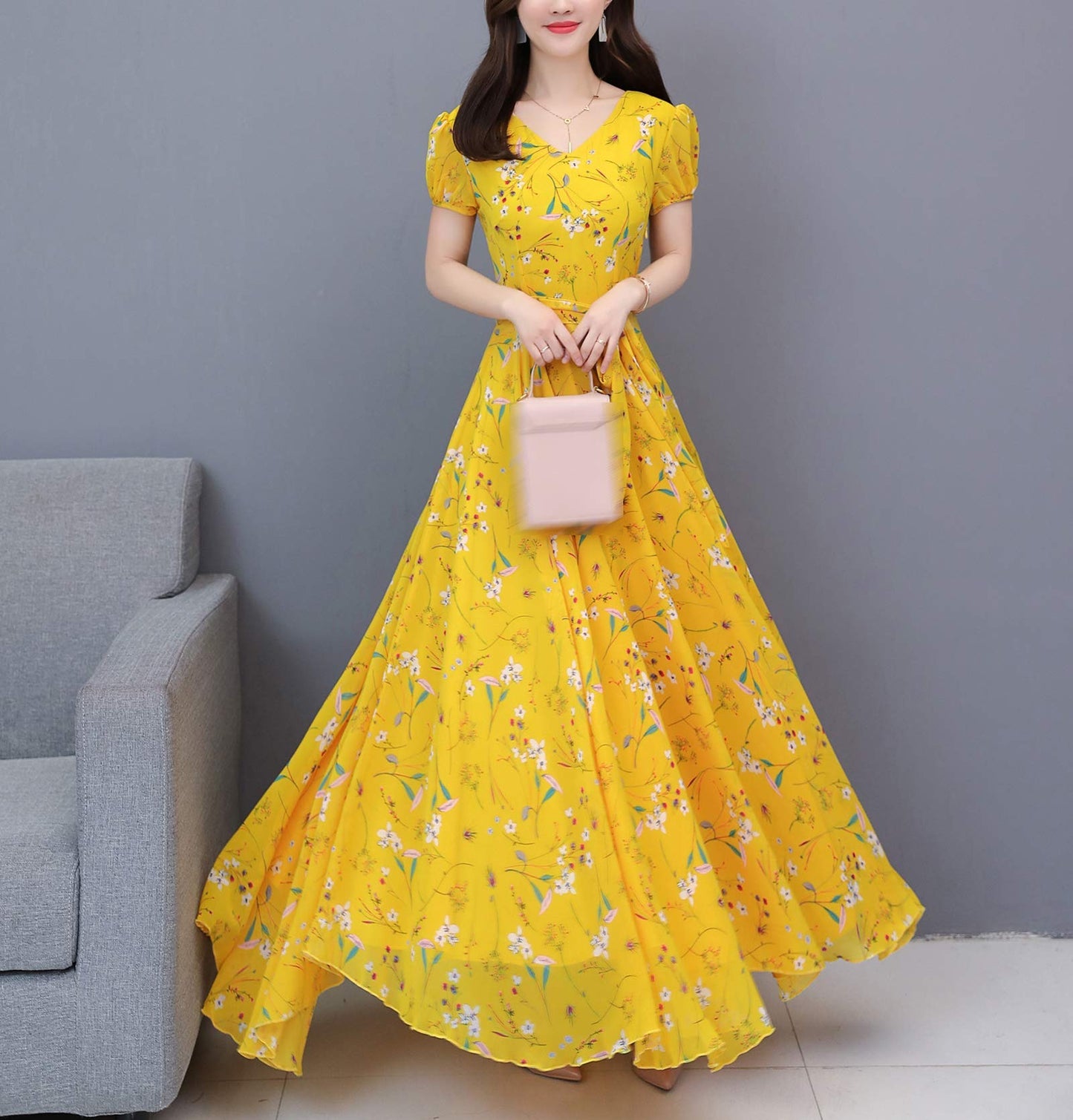 SSY-Women's Short Sleeve V-Neck Print Swing Maxi Dress