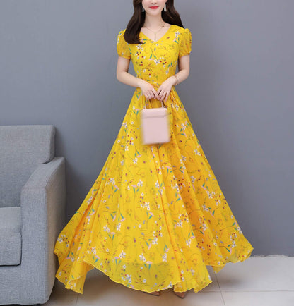 SSY-Women's Short Sleeve V-Neck Print Swing Maxi Dress