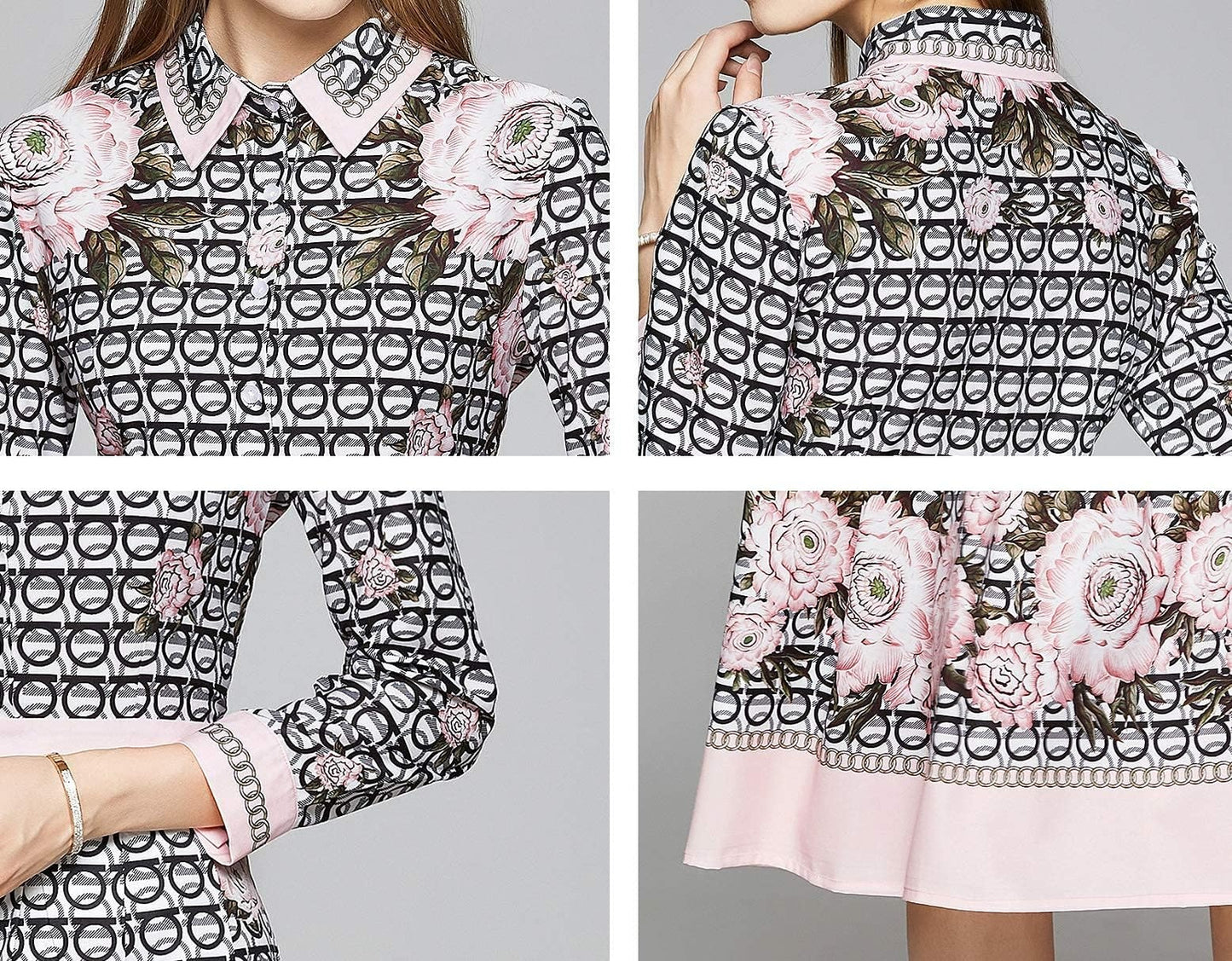 SSY-Women's 3/4 Sleeve Floral Print Button up Midi Dress