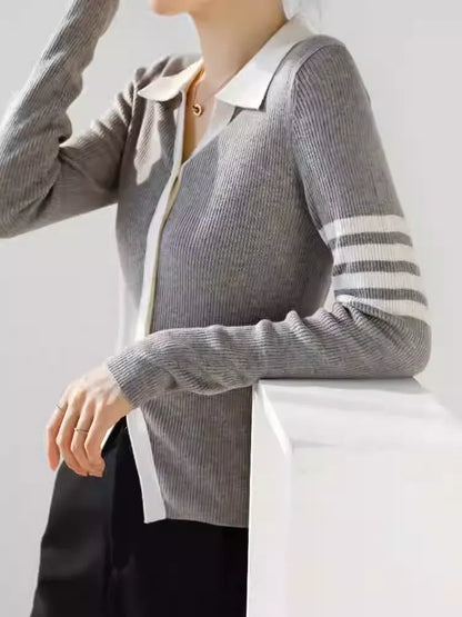 Women's Lapel V Neck Striped Cardigan Knit Blouse