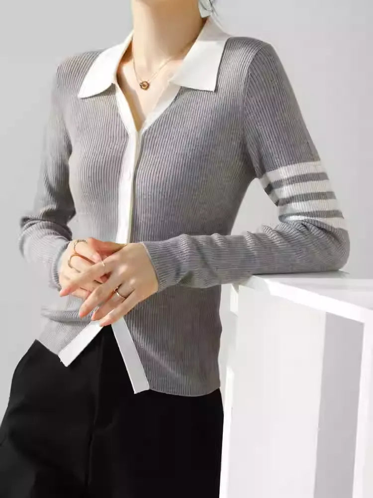 Women's Lapel V Neck Striped Cardigan Knit Blouse