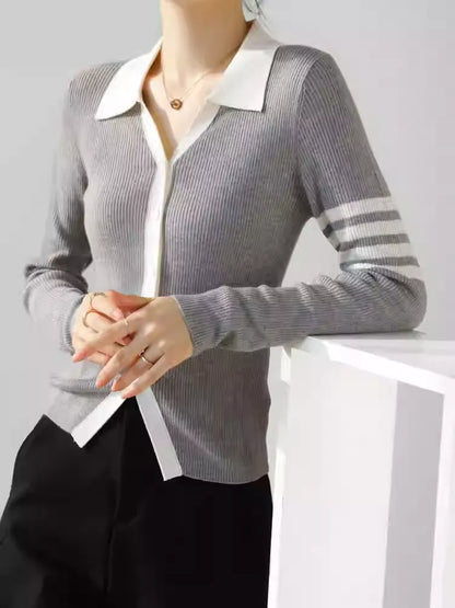 Women's Lapel V Neck Striped Cardigan Knit Blouse