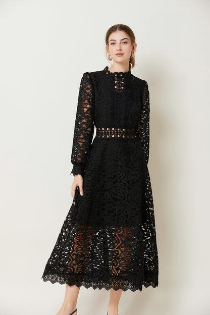 BK-Puff Sleeve Hollow A Line Maxi Dress