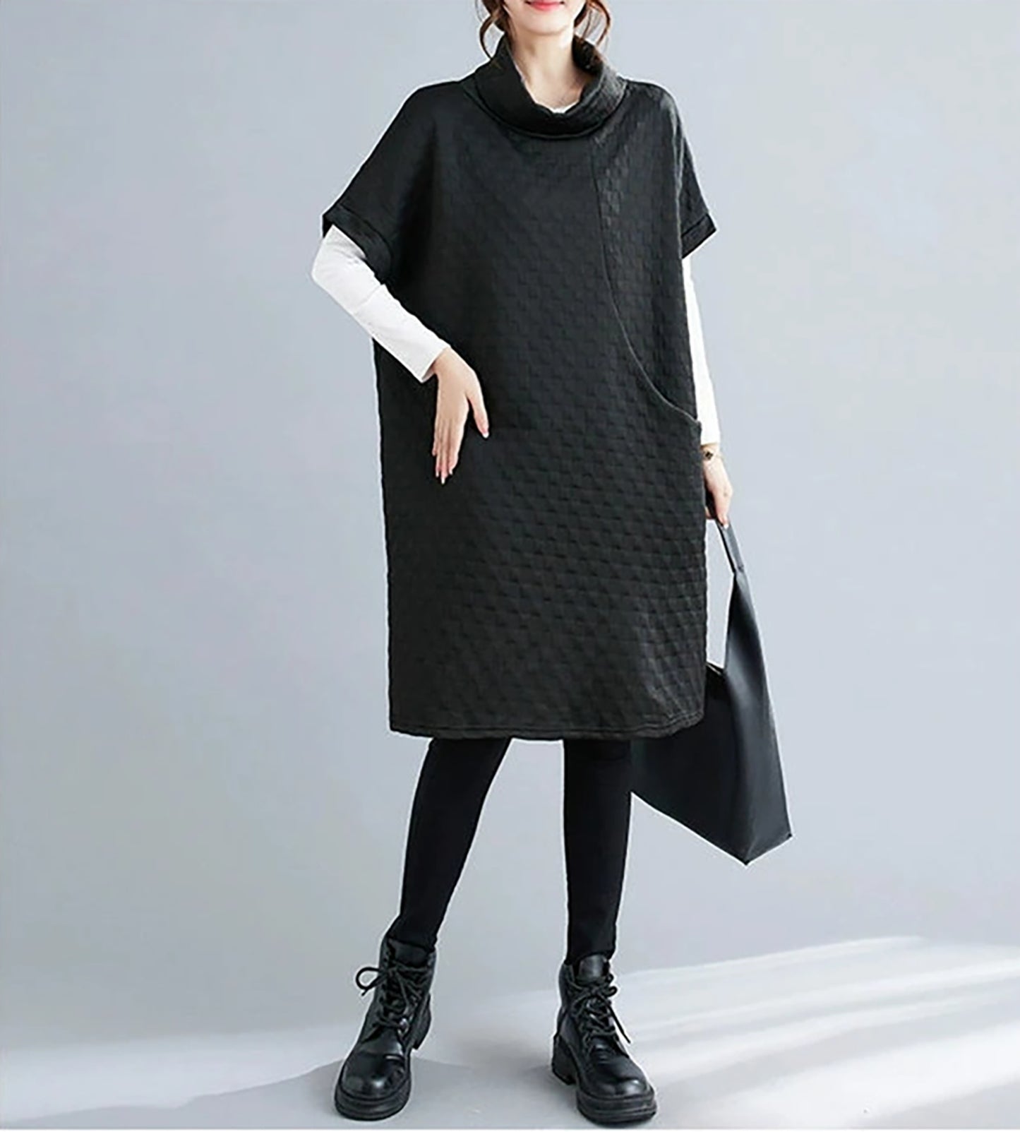 High Collar Loose Pullover Dress with Pocket