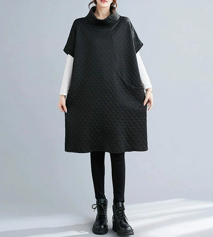 High Collar Loose Pullover Dress with Pocket