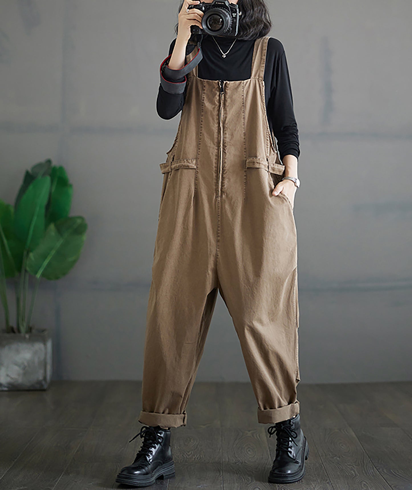 Front Zipper Button Fit Harem  Bib Overalls