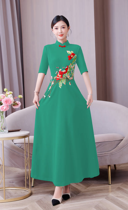 Women's Classic Embroidered Cheongsam Maxi Dress