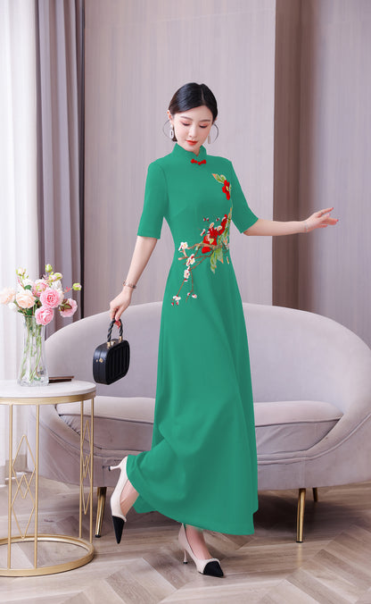 Women's Classic Embroidered Cheongsam Maxi Dress