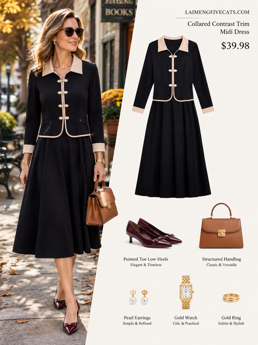 28724 Contrast Trim Collared Midi Dress - LAI MENG FIVE CATS