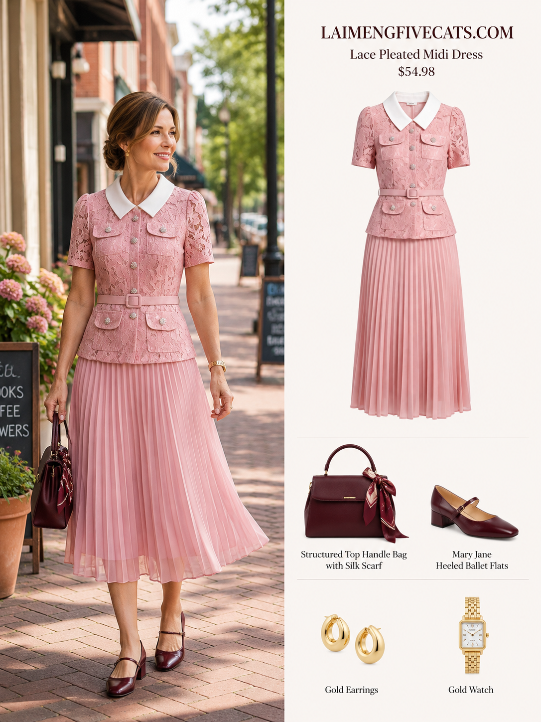 Pink Lace Pleated Midi Dress with Belt
