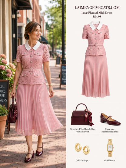 Pink Lace Pleated Midi Dress with Belt
