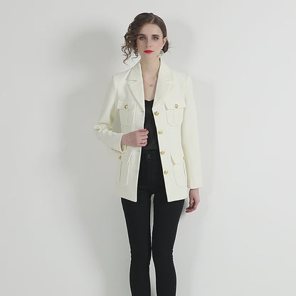 Single Breasted Lapel Neck Blazer Belted Trench Coat with Pockets