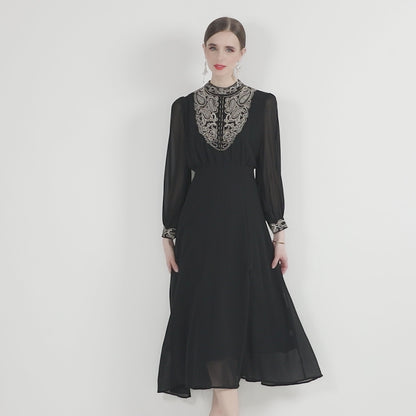 Black Vintage Elegant Mesh Embroidered Midi Dress