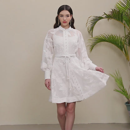 Women's Hollow Lace Floral Lantern Sleeve Mini Dress