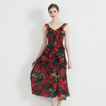Floral Print Ruffle Hem Backless Cami Dress