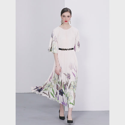 Elegant Pleated Round Neck 1/2 Sleeves Print Casual Maxi Dress