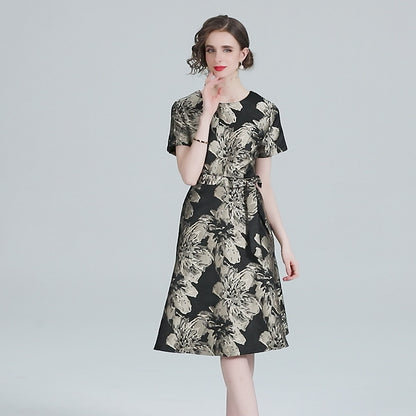 Women's Black Jacquard Floral Print Casual Swing Mini Dress