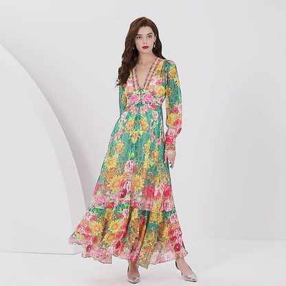 Women's Floral Print Deep V Button Front slit Flowy Party Maxi Dress