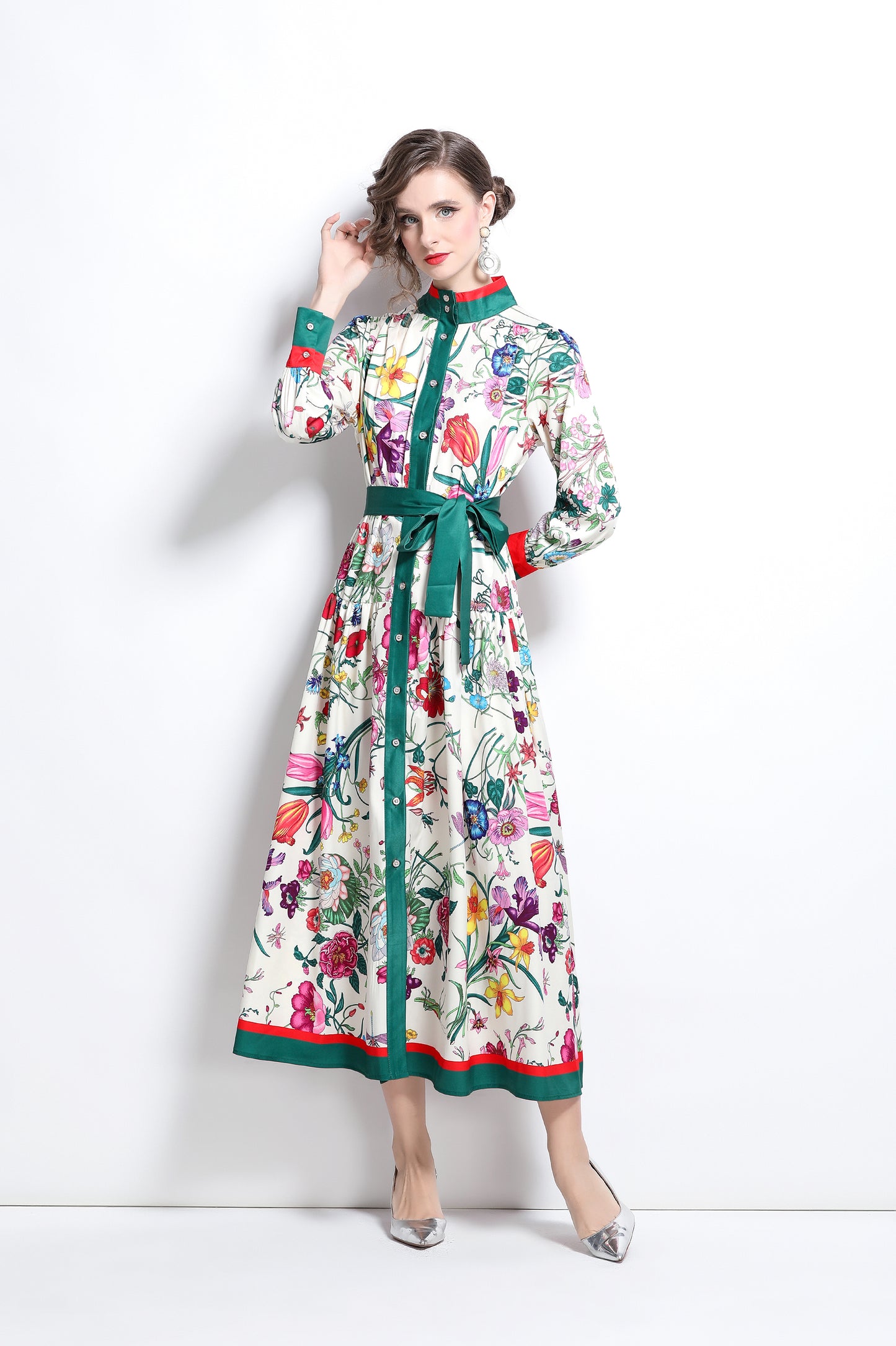 BK-Floral Print Button Up Casual Maxi Dress