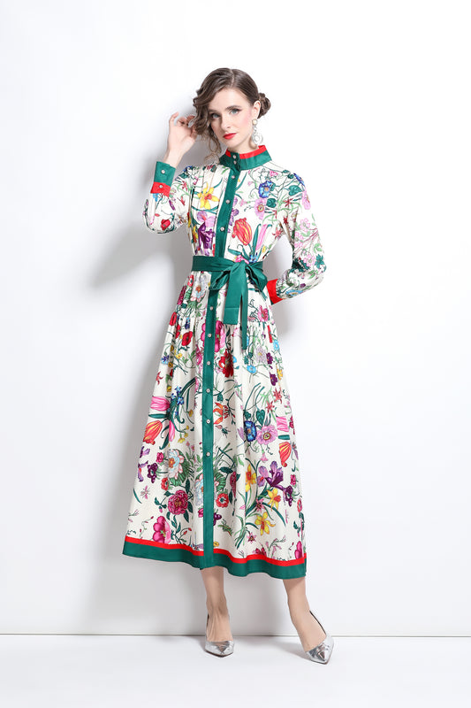 BK-Floral Print Button Up Casual Maxi Dress