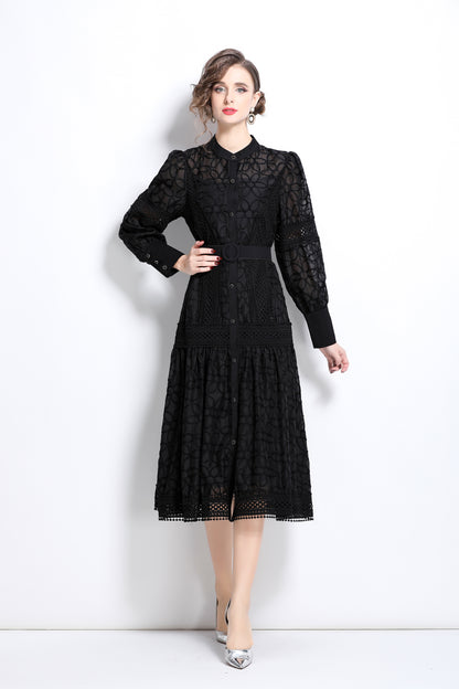 Lantern Sleeves Embroidery Button Midi Dress