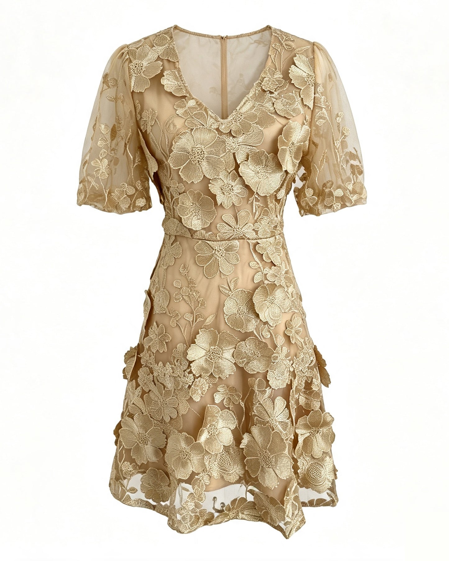 Khaki Floral Embroidered V-neck Elegant Mini Dress