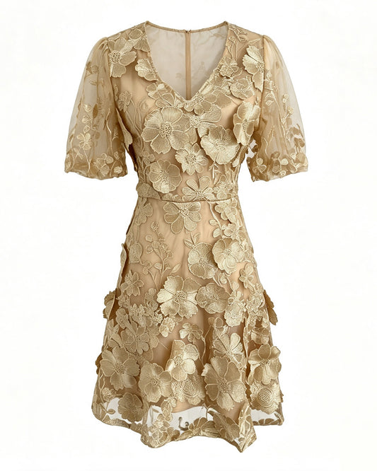 Khaki Floral Embroidered V-neck Elegant Mini Dress