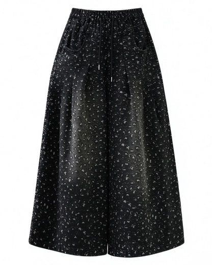 Effortless Chic High-Waist Floral Denim Wide Leg Trousers