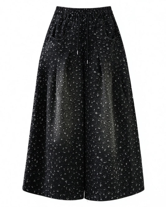 Effortless Chic High-Waist Floral Denim Wide Leg Trousers