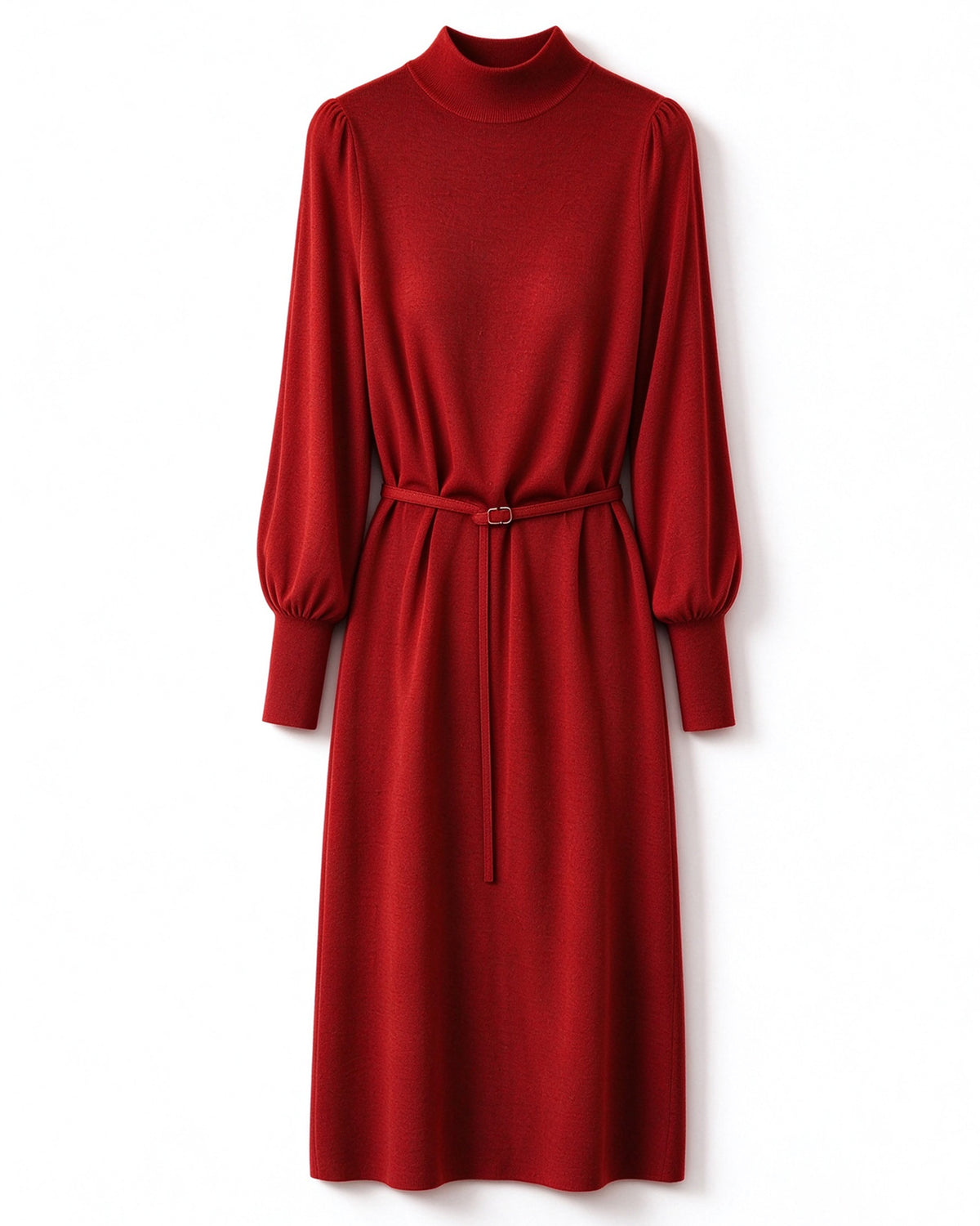 Elegant Mock Neck Knit Midi Dress: Lantern Sleeves & Belted Waist