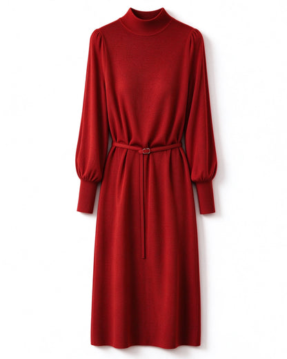 Elegant Mock Neck Knit Midi Dress: Lantern Sleeves & Belted Waist