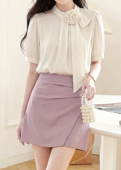 Ivory Satin Rose Blouse – Elegant Puff Sleeve Bow Detail Top