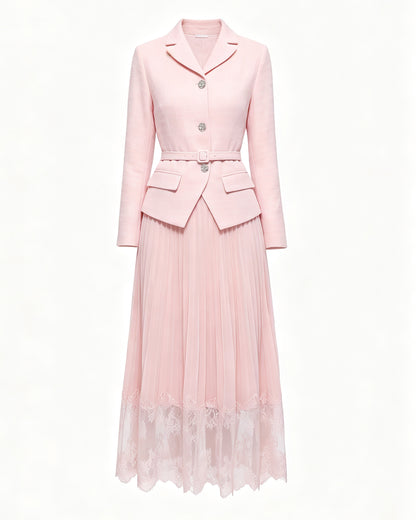 Elegant Two-Piece Pleated Skirt Suit Set for Women | Pink, Black & Beige