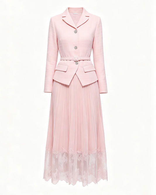 Elegant Two-Piece Pleated Skirt Suit Set for Women | Pink, Black & Beige