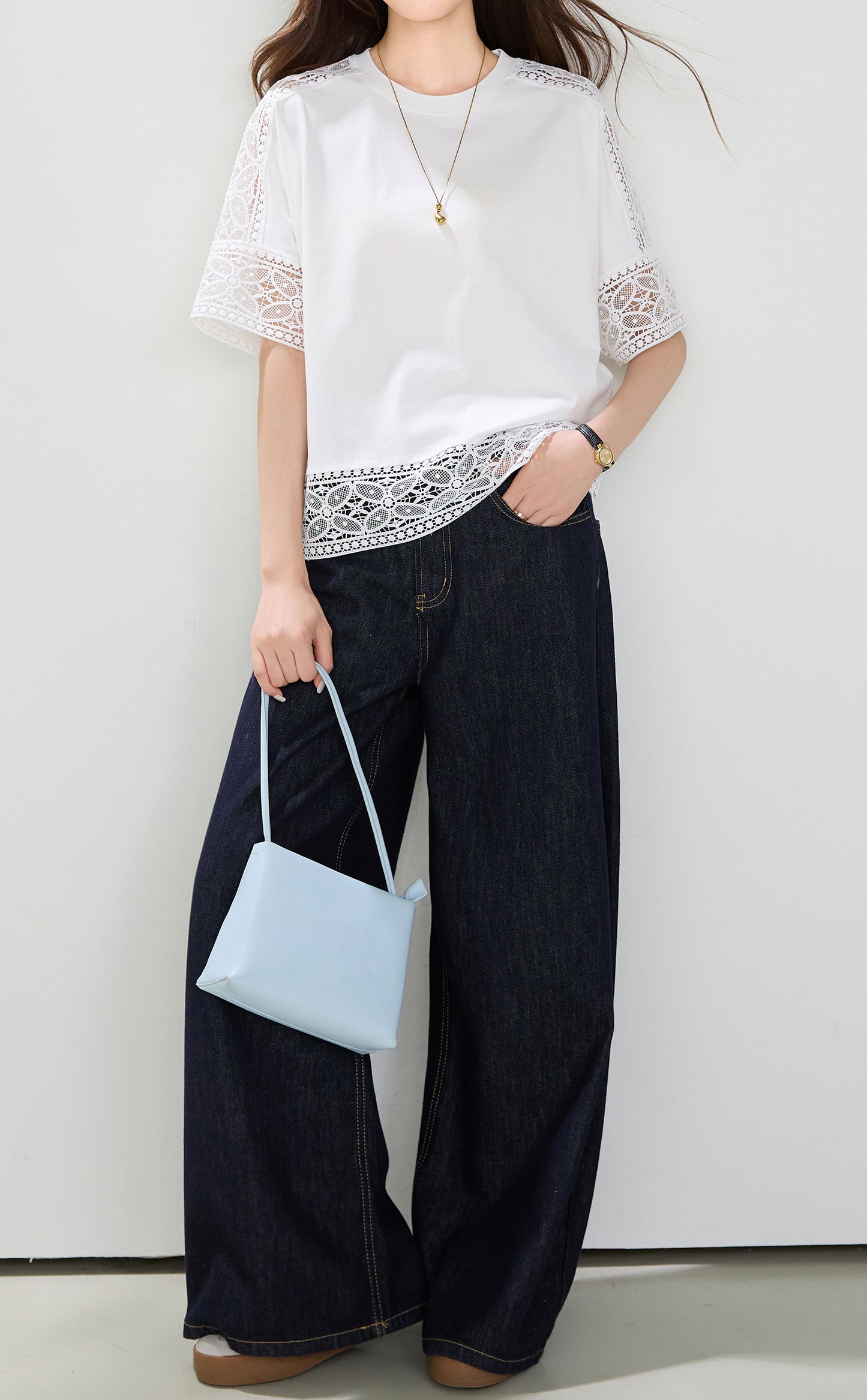 Lace Trim Cotton Blend Top | Relaxed Fit Everyday White Blouse