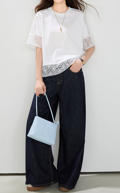 Lace Trim Cotton Blend Top | Relaxed Fit Everyday White Blouse