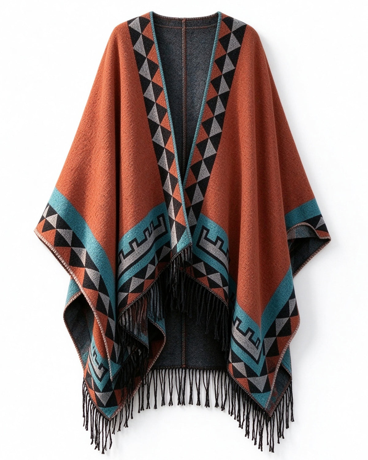 28690-Women's Printed Fringe Travel Shawl – Rust & Teal - LAI MENG FIVE CATS