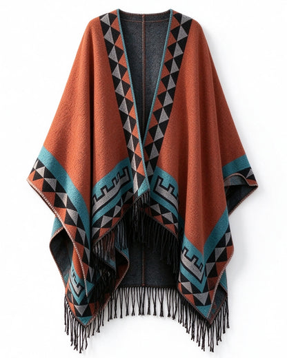 28690-Women's Printed Fringe Travel Shawl – Rust & Teal - LAI MENG FIVE CATS