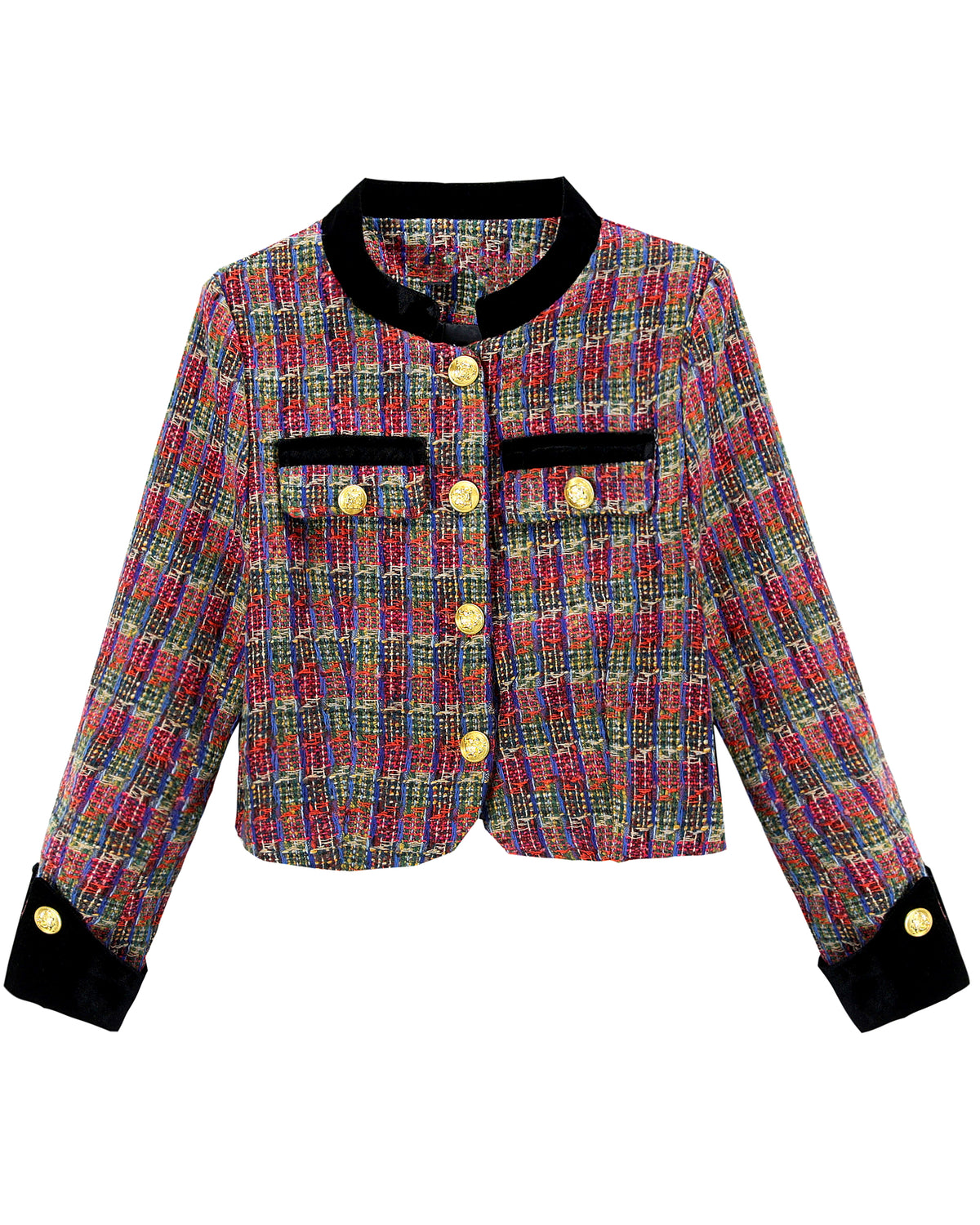 28689-Tweed & Velvet Cropped Jacket | LAI MENG FIVE CATS - LAI MENG FIVE CATS