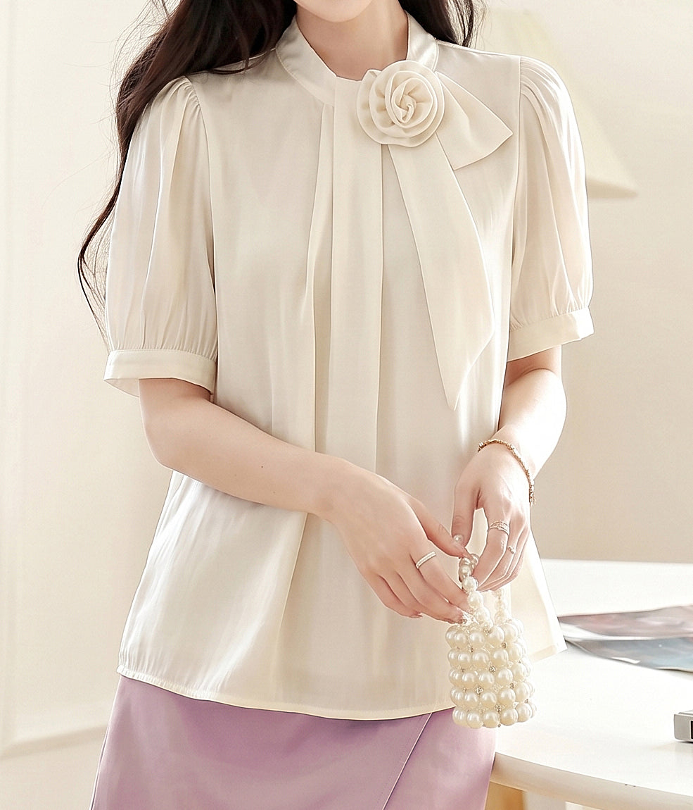 Ivory Satin Rose Blouse – Elegant Puff Sleeve Bow Detail Top