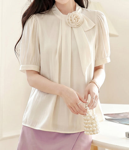 Ivory Satin Rose Blouse – Elegant Puff Sleeve Bow Detail Top