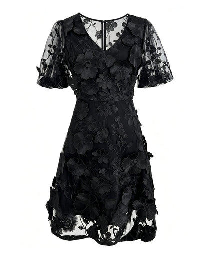 Black Floral Embroidered V-neck Mini Dress